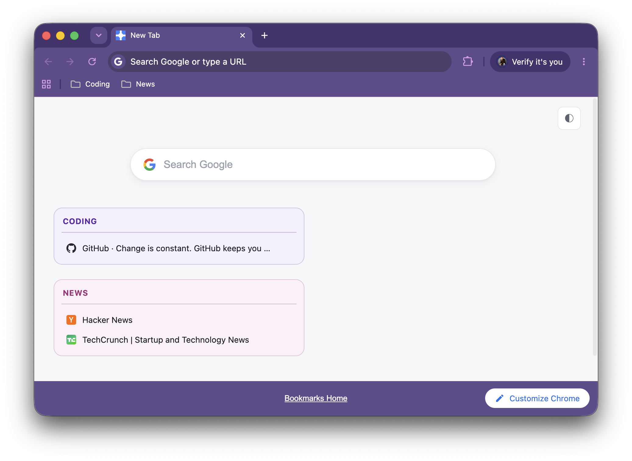 Screenshot of Bookmarks Home — Chrome new tab page showing bookmarks by folder