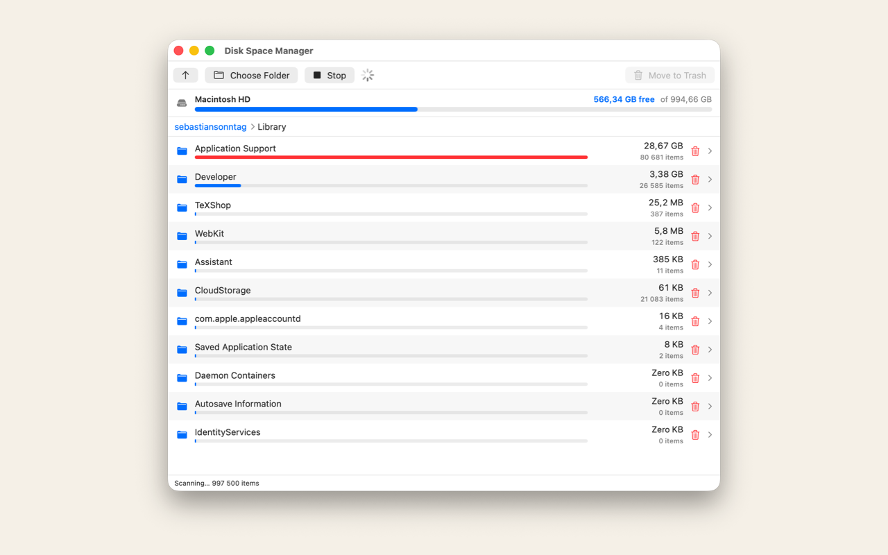 Screenshot of Disk Space Manager — native macOS disk space analyzer