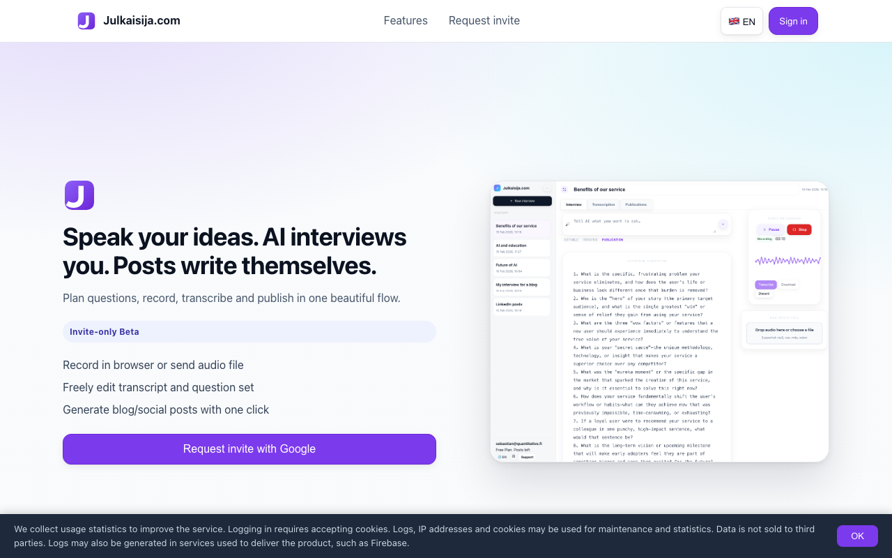Screenshot of Julkaisija — in-browser interview publishing